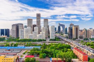 Beijing, China cityscape and financial district at dusk.